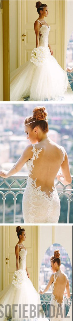 Sexy Mermaid Backless Spaghetti Lace Cheap Tulle Wedding Dresses, WD0147