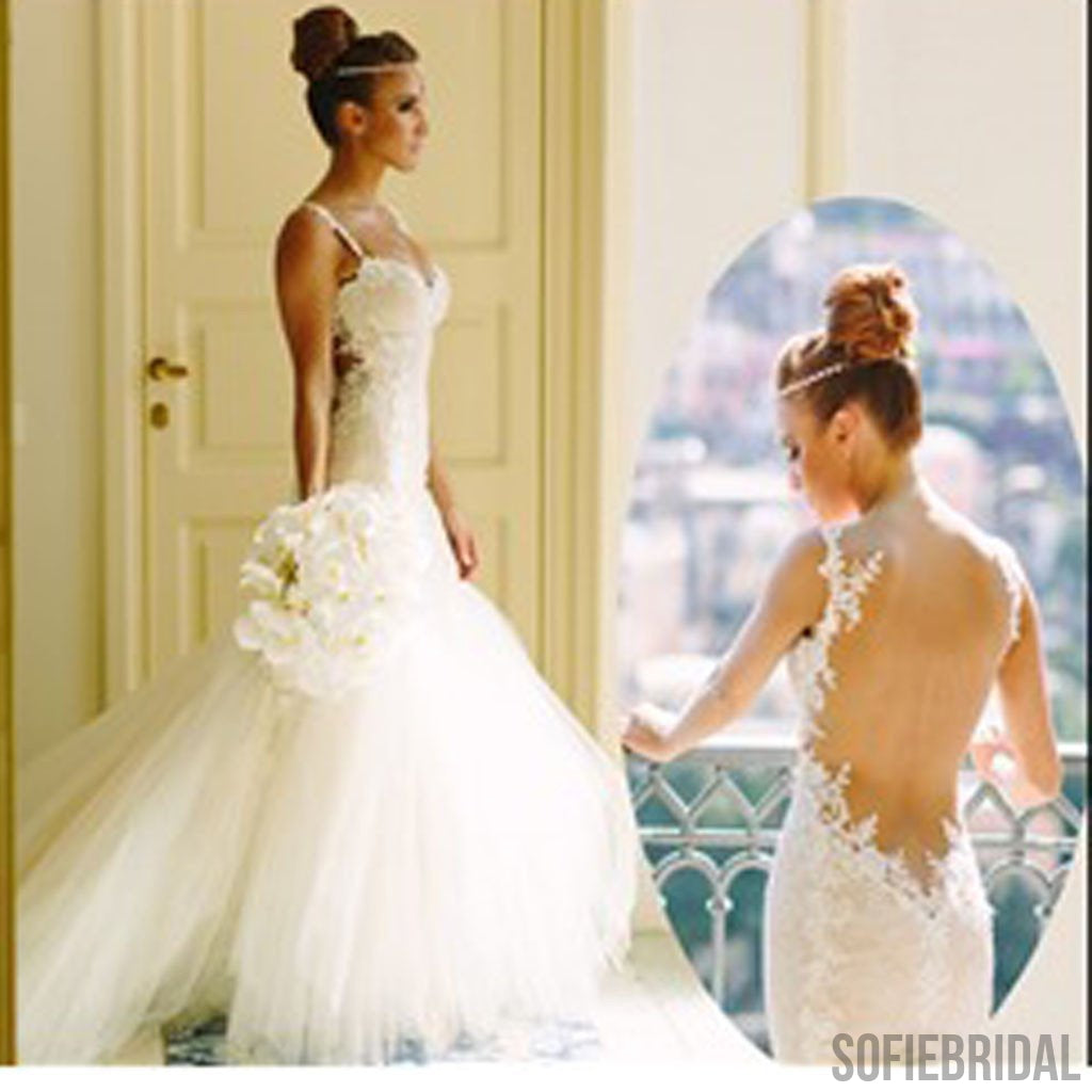 Sexy Mermaid Backless Spaghetti Lace Cheap Tulle Wedding Dresses, WD0147