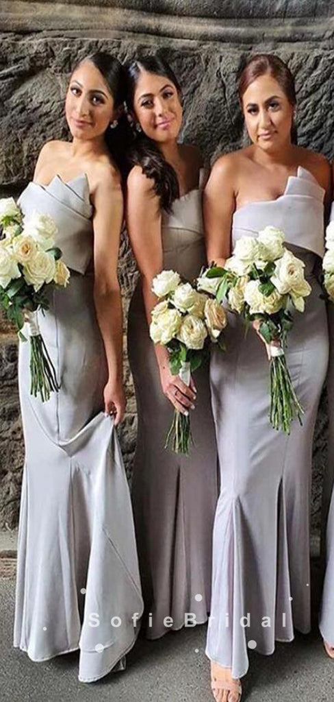 Mermaid Strapless Grey Cheap Sweep Train Bridesmaid Dresses,SFWG0015