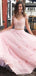 A-Line Off The Shoulder Two Piece Pink Tulle Long Prom Dresses With Lace,SFPD0015