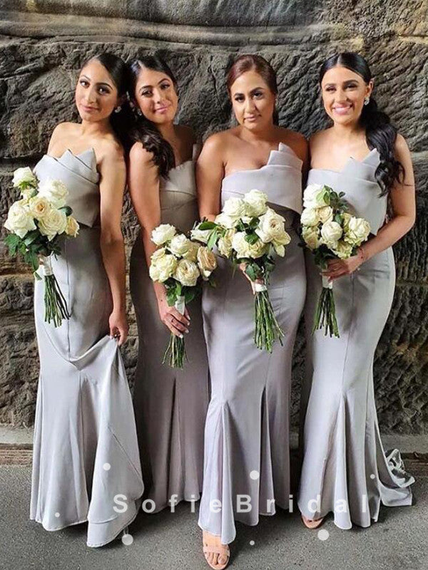 Mermaid Strapless Grey Cheap Sweep Train Bridesmaid Dresses,SFWG0015