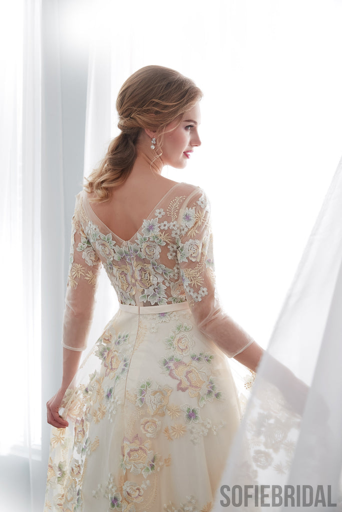 A-line Floor-length 3/4 Sleeves See-though Embroidery Wedding Dresses, WD0466