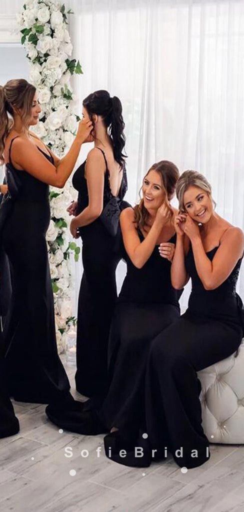 Mermaid Spaghetti Straps Black Long Bridesmaid Dresses With Bow Knot,SFWG0016
