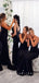 Mermaid Spaghetti Straps Black Long Bridesmaid Dresses With Bow Knot,SFWG0016