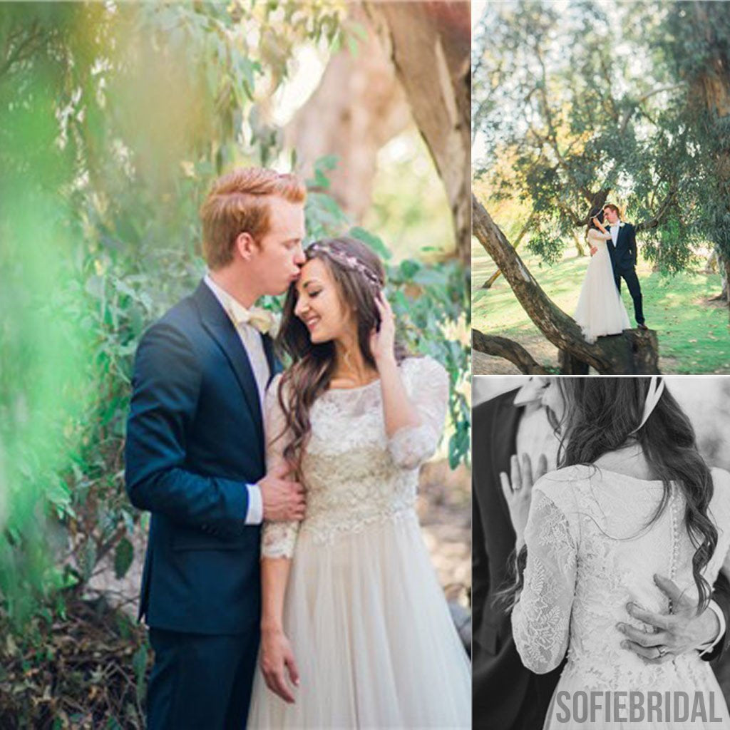 Scoop Neck 3/4 Sleeve Long A-line Lace Tulle Wedding Dresses, WD0162