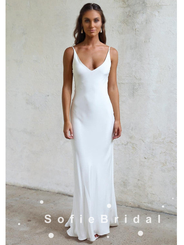 Sheath V-Neck Spaghetti Straps Cheap Long Beach Wedding Dresses,SFWD0016
