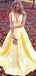 New Arrival A-Line Deep V-Neck Sleeveless Yellow Satin Long Prom Dresses,SFPD0017