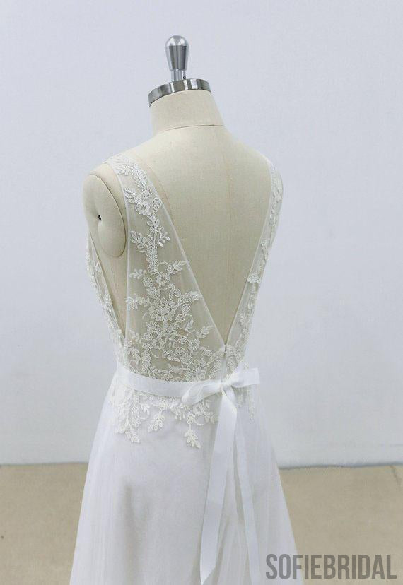 Simple V Neck Tulle Skirt Lace A-line Wedding Dresses Online, WD394