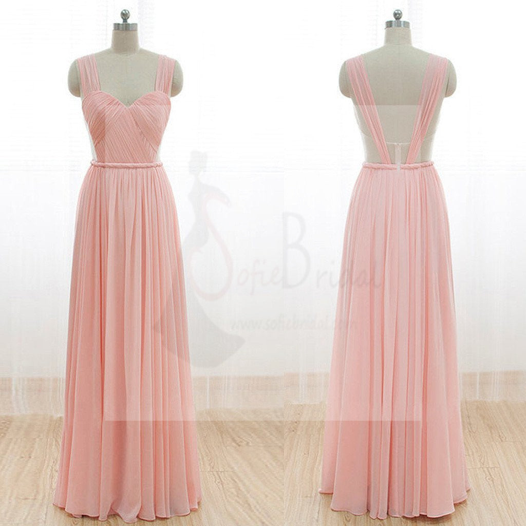 Cheap Junior Long Chiffon Pink Off Shoulder Sweet Heart Open Back Bridesmaid Dresses, WG21