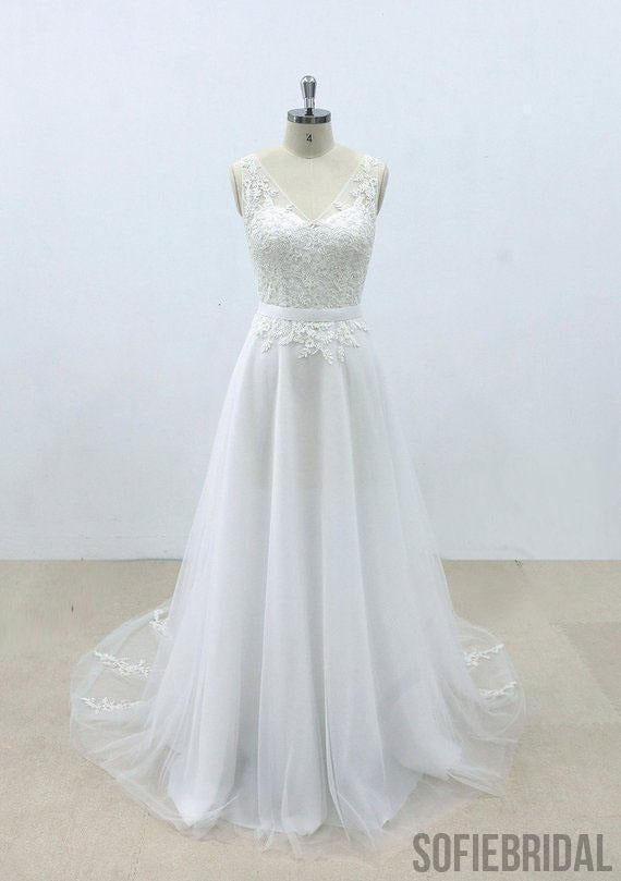 Simple V Neck Tulle Skirt Lace A-line Wedding Dresses Online, WD394
