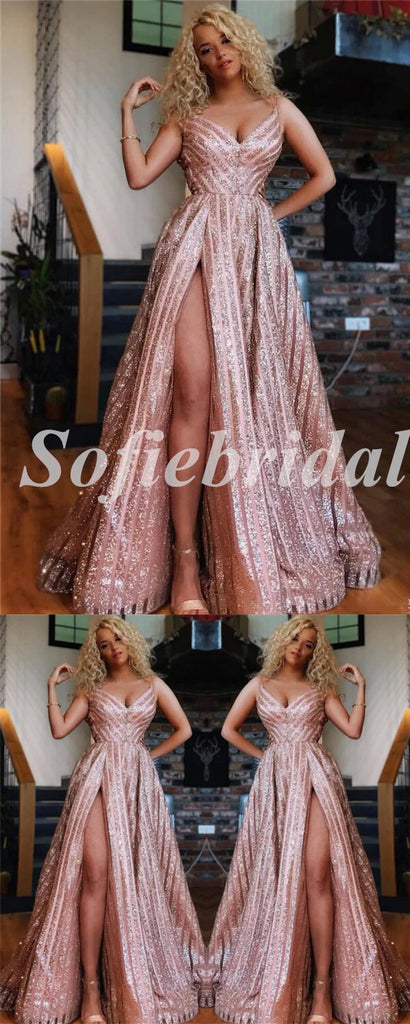 Sexy Sequin Tulle Spaghetti Straps V-Neck Sleeveless Side slit A-Line Long Prom Dresses,PD0789