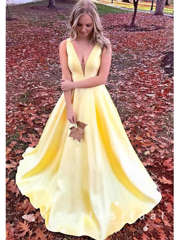 New Arrival A-Line Deep V-Neck Sleeveless Yellow Satin Long Prom Dresses,SFPD0017