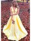 New Arrival A-Line Deep V-Neck Sleeveless Yellow Satin Long Prom Dresses,SFPD0017