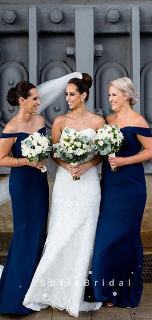 Mermaid Off The Shoulder Dark Navy Floor Length Bridesmaid Dresses,SFWG0018