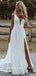 A-Line V-Neck Spaghetti Straps Lace Long Beach Wedding Dresses With Slit,SFWD0018