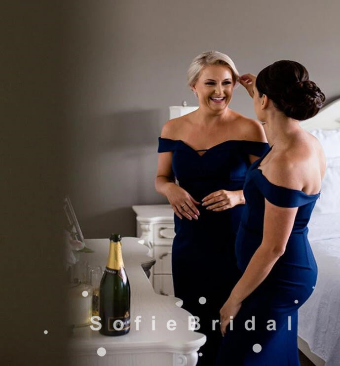 Mermaid Off The Shoulder Dark Navy Floor Length Bridesmaid Dresses,SFWG0018