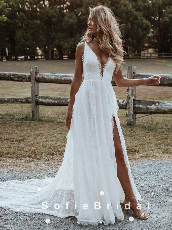 A-Line V-Neck Spaghetti Straps Lace Long Beach Wedding Dresses With Slit,SFWD0018