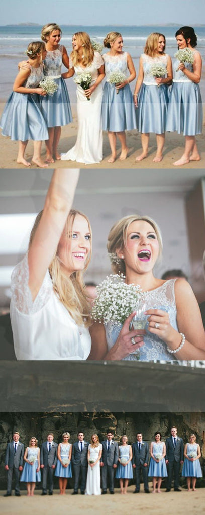 Popular Junior Short Pretty Blue Satin White Lace Bridesmaid Dresses for Beach Wedding