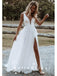 A-Line V-Neck Spaghetti Straps Lace Long Beach Wedding Dresses With Slit,SFWD0018