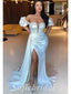 Sexy Satin Off Shoulder V-Neck Side Slit Mermaid Long Prom Dresses With Trailing,PD0755