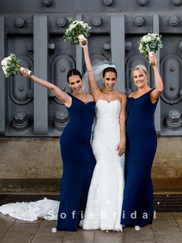 Mermaid Off The Shoulder Dark Navy Floor Length Bridesmaid Dresses,SFWG0018