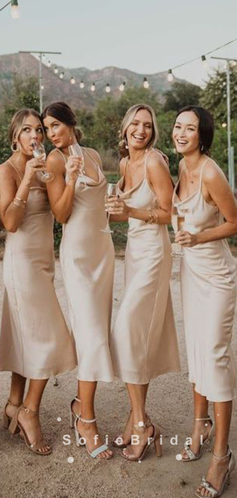 Simple Sheath Spaghetti Straps Tea Length Bridesmaid Dresses With Pleats,SFWG0019