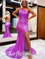 Sexy Sequin One Shoulder Sleeveless Side Slit Mermaid Long Prom Dresses,PD0801