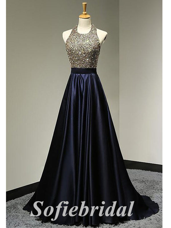 Sexy Sequin And Satin Halter Sleeveless Backless A-Line Long Prom Dresses, PD0858