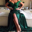 Off Shoulder Green Lace Satin Front Slit Sexy Long Prom Dresses, PD0237