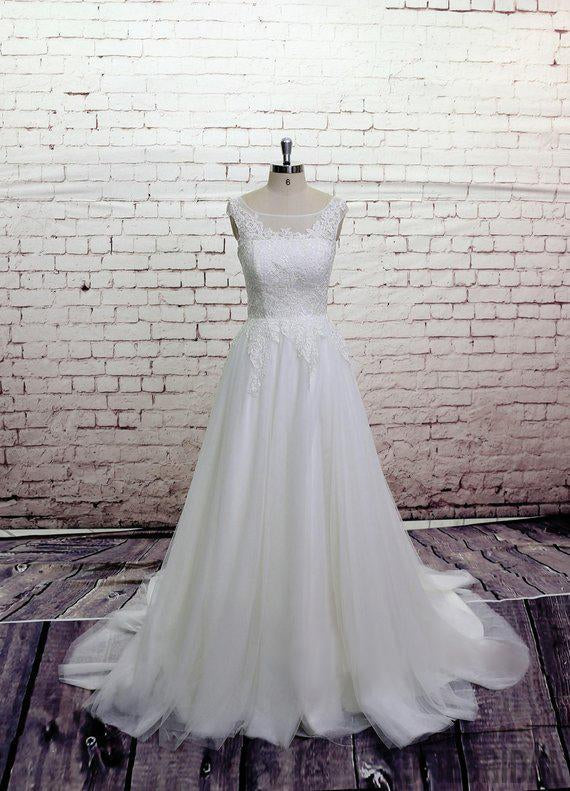 Cheap Lace Straps Scoop Tulle A-line Wedding Dresses Online, WD370