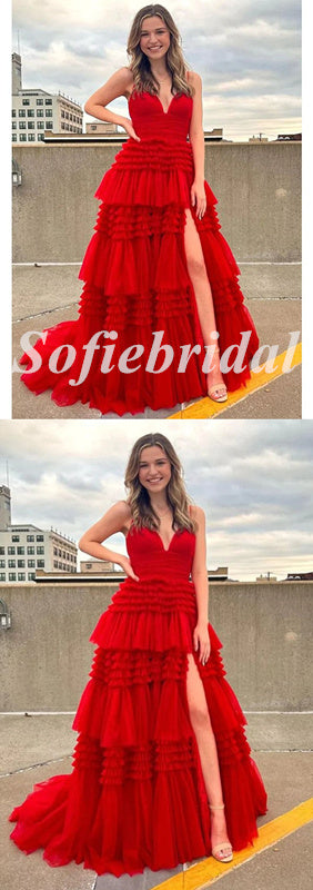 Sexy Red Tulle Spaghetti Straps V-Neck Side Slit A-Line Long Prom Dresses, PD0845