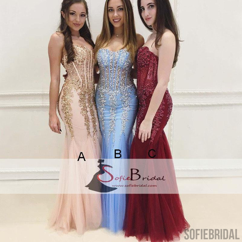 Sweetheart Rhinestone Beaded Mermaid Tulle See Through Prom Dresses, Evening Dresses, PD0388