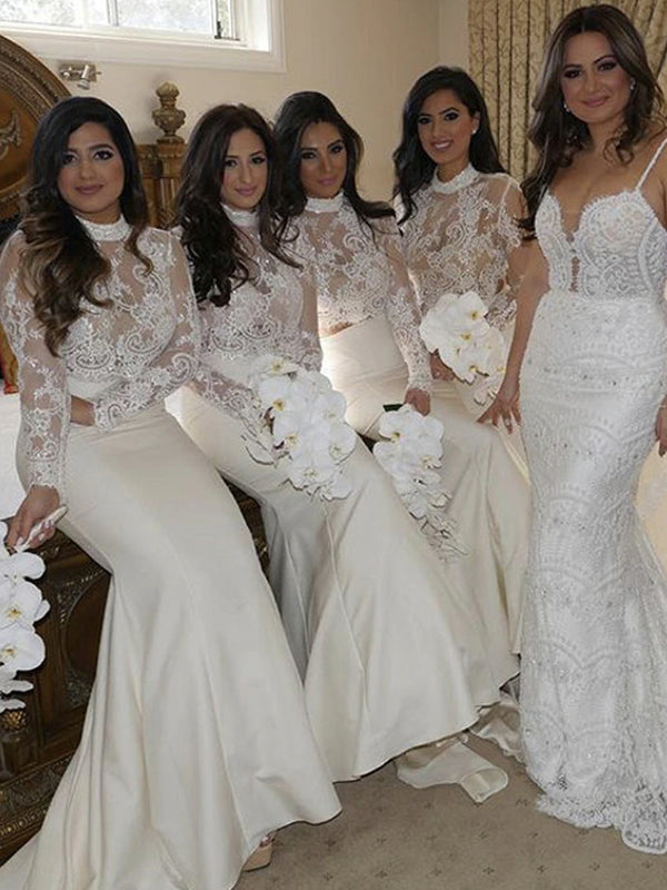 Sexy Mermaid Halter Long Sleeve White Cheap Bridesmaid Dresses,SFWG00356