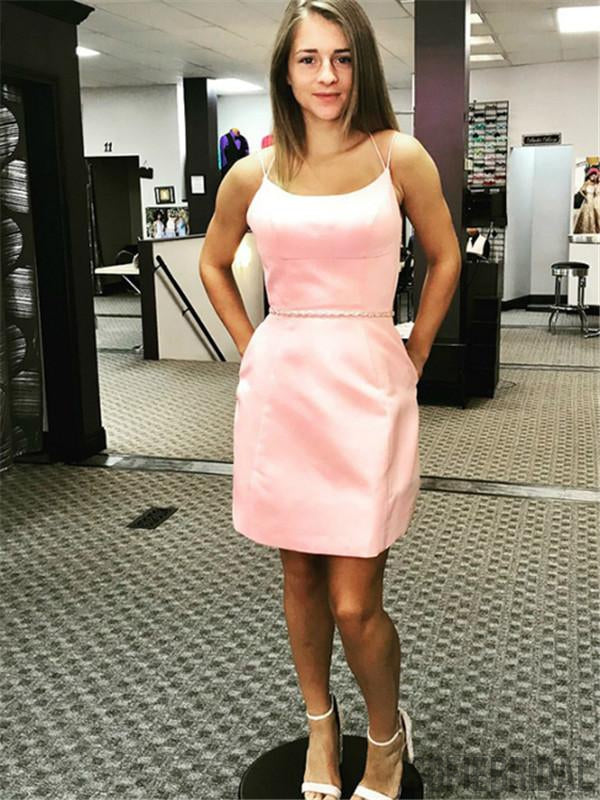 Newest Spaghetti Straps Lace-up Back Pink Homecoming Dress, HD0159