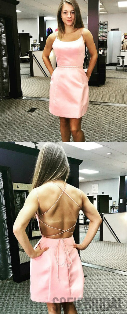 Newest Spaghetti Straps Lace-up Back Pink Homecoming Dress, HD0159