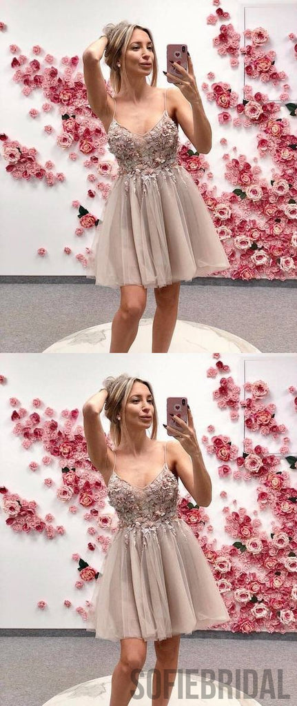 Spaghetti Straps Appliques Beading Top Tulle Homecoming Dress, HD0160