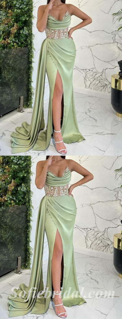 Gorgeous Satin Sweetheart V-Neck Sleeveless Side Slit Mermaid Long Prom Dresses,SFPD0561