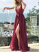 A-line Deep V-neck Lace Appliques  Prom Dresses With Split, PD0094