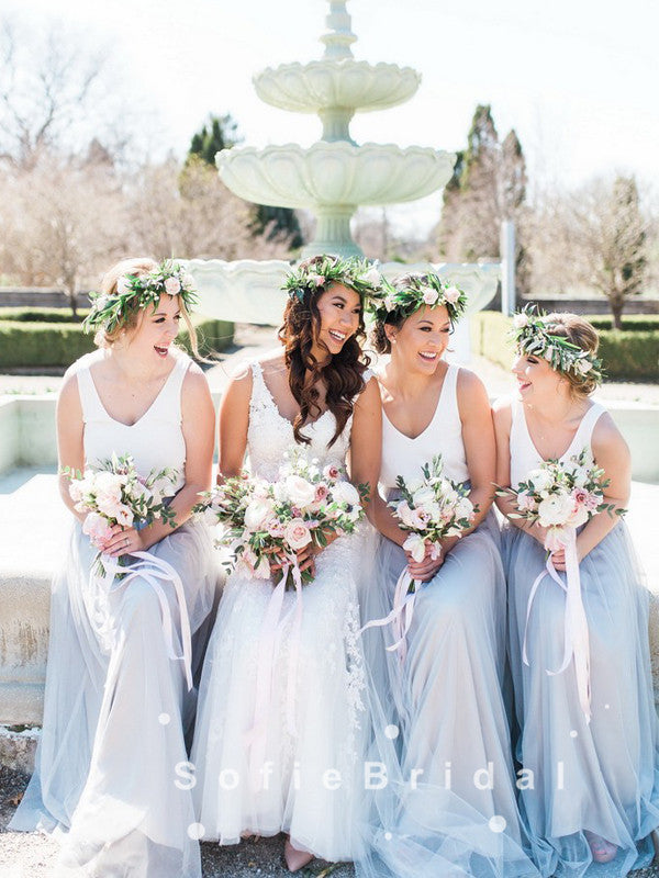 A-Line V-Neck Sleeveless Two Piece Tulle Bridesmaid Dresses,SFWG0001