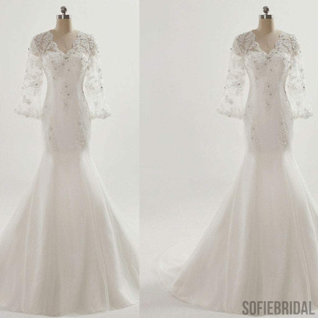 Vantage V-Neck See Through 3/4 Sleeve Mermaid Lace Beaded Wedding Dresses, WD0080