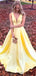 Simple Cheap V-neck Yellow Long Satin Prom Dresses, PD0081