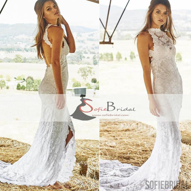 High Neck Lace Mermaid Wedding Dresses, Front Slit Open Back Wedding Dresses, WD0268