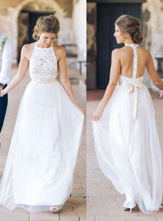 High Neck Lace Long Sheath Simple Design Wedding Party Dresses, WD0089