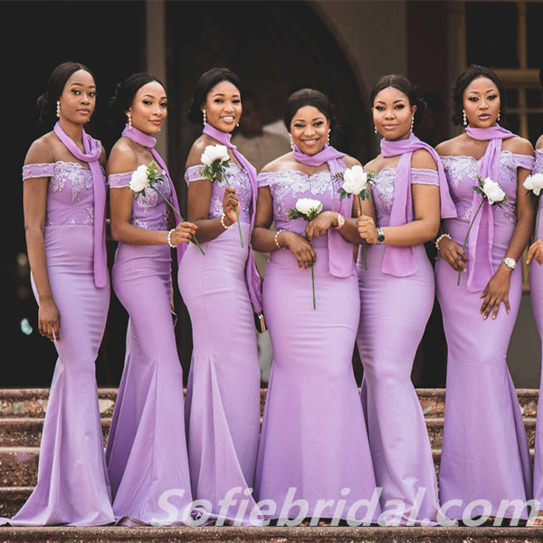 Purple Crepe And Lace Off The Shoulder Mermaid Floor Length Bridesmaid Dressses, SFWG00445