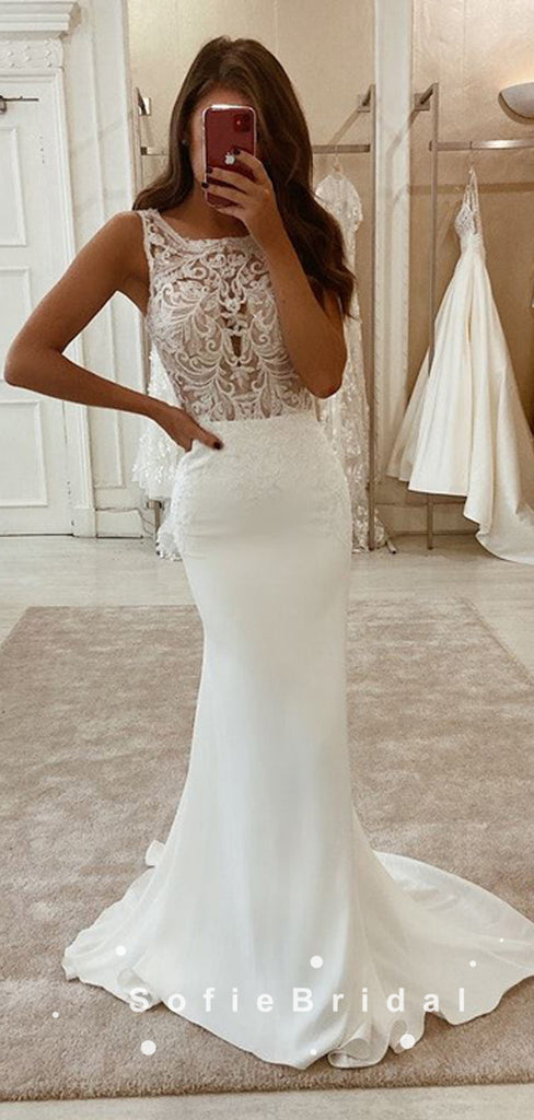 Mermaid Square Neckline Sleeveless Long Wedding Dresses With Lace,SFWD0002