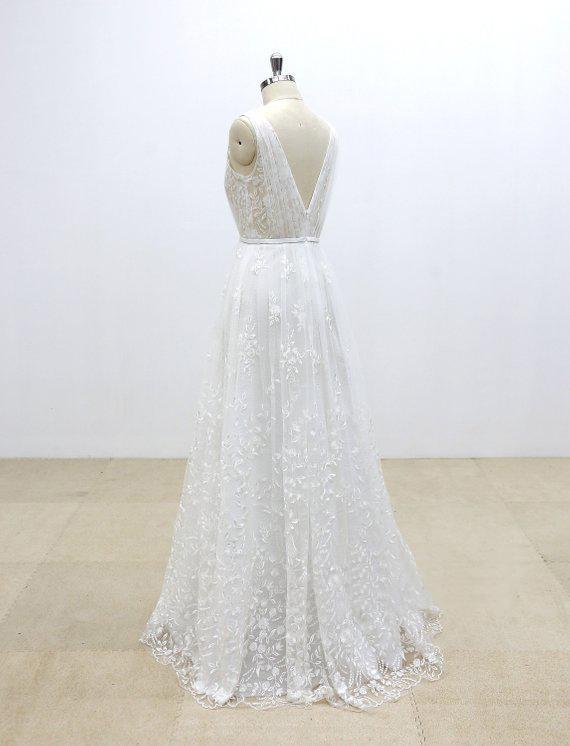 Simple V Neck Lace Cheap A-line Wedding Dresses Online, WD371