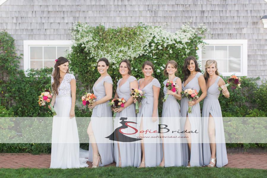 Light Grey Chiffon Bridesmaid Dresses, Cap Sleeve Side Slit Bridesmaid Dresses, PD0484