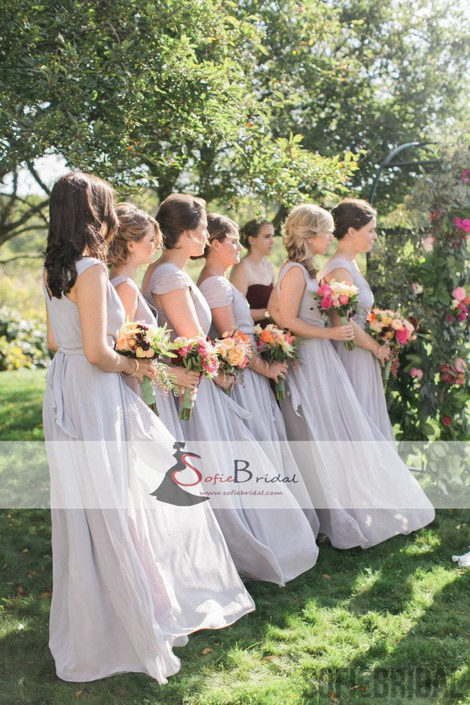 Light Grey Chiffon Bridesmaid Dresses, Cap Sleeve Side Slit Bridesmaid Dresses, PD0484
