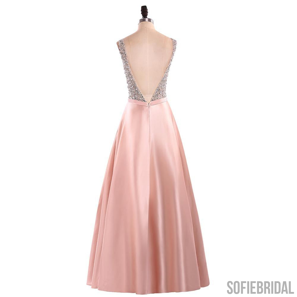 Sparkly Floor-length V-neck Backless Prom Dresses With Beading, PD0038