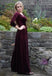 A-line Floor-length V-neck Velvet Long Sleeves Prom Dresses, PD0043